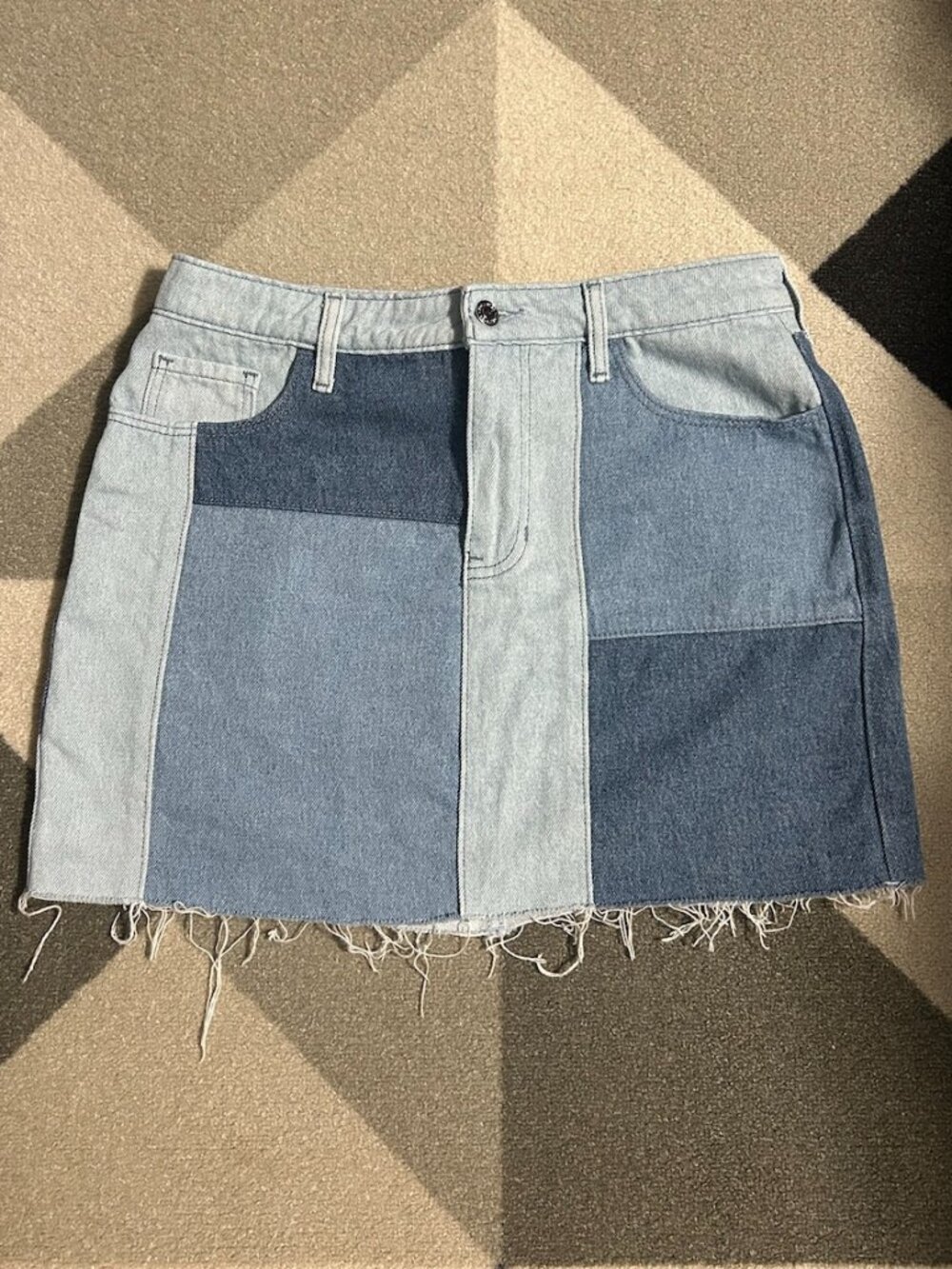 Hollister Multi-Tone Blue Patchwork Denim Frayed Hem Mini Skirt Junior's 9/29